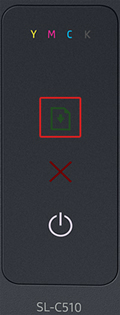 빨간색 취소 버튼 위에 녹색 재개 버튼을 표시한 sl-c51x 시리즈 제품 예시 화면