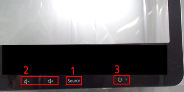 올인원 pc 전면 오른쪽 아래에 전원버튼 위치와 그 왼쪽으로 source 버튼과 그 왼쪽편의 볼륨 +, - 버튼 위치 안내 화면