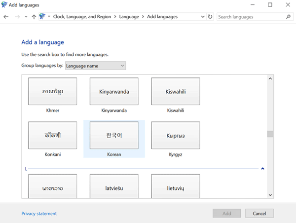 한국어Korean 선택하여 추가Add 클릭하세요