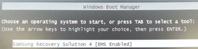 검은 화면에 Samsung Recovery Solution EMS Enabled 메시지가 뜨면 Enter 키를 누릅니다