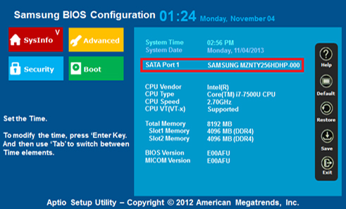 BIOS - SysInfo 화면에 SATA Port 1 이 None으로 된 경우