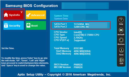 SATA Port 1 항목으로 이동 HDD 정보가 나타나는지 확인합니다