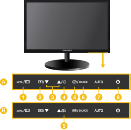 모니터 오른쪽 아래에 조작 버튼이 보이고, 오른쪽 끝 두번째에 auto 버튼이 있는 예시 화면