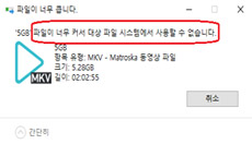 5GB 파일 저장 시 파일이 너무 커서 대상 파일 시스템에서 사용할 수 없습니다 팝업 발생함