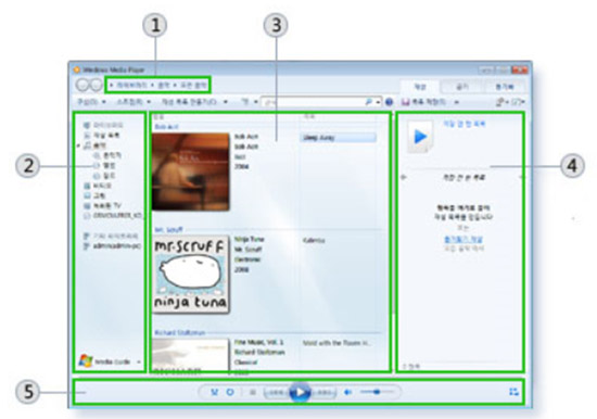 ① 주소 표시줄 ② 탐색창 ③ 세부 정보 창 ④ 목록 창 ⑤ 재생 제어 영역