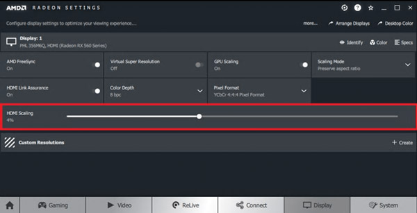 하단에 HDMI Scaling을 눈금 조정하는 화면