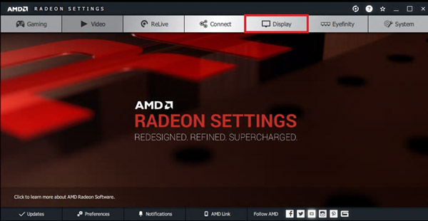 AMD 라데온 세팅창에서 상단의 display 선택하는 화면
