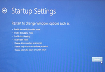 Startup Settings 메뉴 중 Restart를 클릭합니다