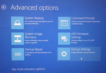 Advanced options 메뉴 중 Startup Settings 선택합니다