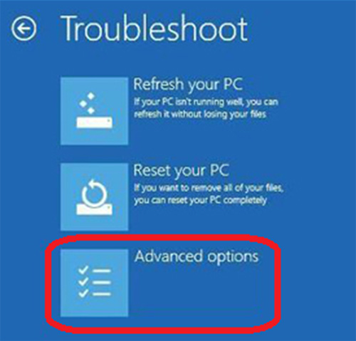 삼성 노트북 윈도우 10 부팅 문제 10 Troubleshoot 화면에서 Advanced Options을 선택합니다