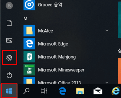 삼성 노트북 Windows10 Ver 1809 보안 기능 3 윈도우 바탕화면에서 왼쪽하단의 시작버튼 선택 후 톱니바퀴 모양의 설정버튼을 선택하는 화면