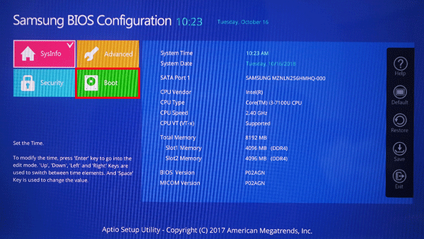 바이오스 화면에서 왼쪽 두번째에 boot 메뉴 선택하는 화면