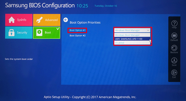 첫번째 항목으로 보이는 부트 옵션 선택 후 우선순위 변경하는 예시 화면
