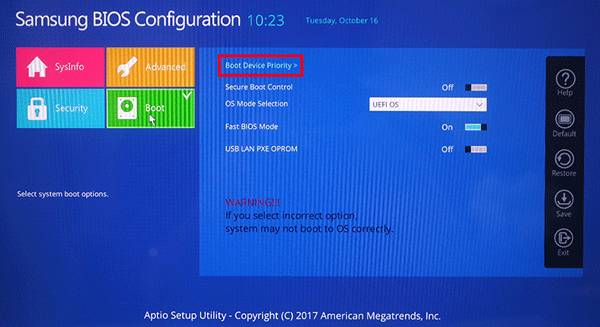 첫번째 항목에 있는 Boot Device Priority 선택하는 예시 화면