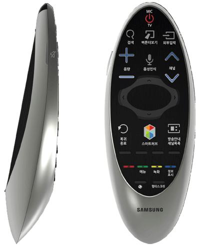 삼성 TV 스마트컨트롤(삼성 스마트 리모컨) 사용을 위해 스마트컨트롤 리모컨의 앞쪽 이미지와 옆쪽 이미지