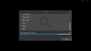 아티브 티비에서 채널이 스캔되면서 kbs1, sbs, ebs 등 검색 중인 화면