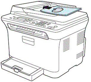 CLX-3170FNK, 3175FNK 모델에서 팩스 보내기 위해 팩스 보낼 내용이 있는 면이 위로 온 상태로 원본을 넣는 방법을 나타낸 그림