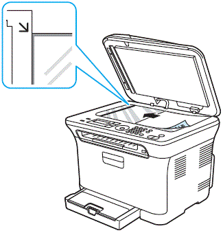 팩스 보낼 내용이 있는 면이 아래로 오고 왼쪽 상단 모서리가 원고 스캔 유리면의 왼쪽 상단 모서리에 오도록 맞추어야 한다는 방법을 표현한 그림