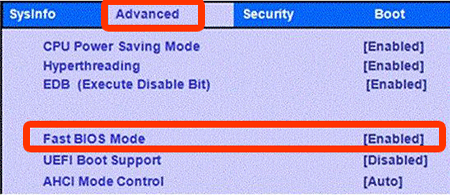 advanced 메뉴에서 fast bios 변경 화면