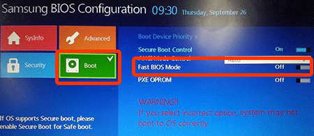 boot 메뉴에서 fast bios 변경 화면
