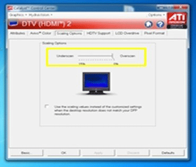 스케일링 옵션 오버스캔으로 설정하는 화면