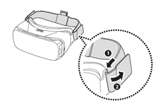 메인 스트랩의 연결 부분이 위로 가게 한 상태에서, 메인 스트랩 양끝을 기어 VR 양쪽 연결 부분에 끼워 연결해주세요.