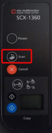 제품 왼쪽에 있는 조작부의 Scan 버튼 위치 안내 화면