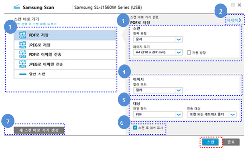 원하는 스캔설정을 선택한 후 오른쪽 하단의 스캔 버튼을 선택하는 화면
