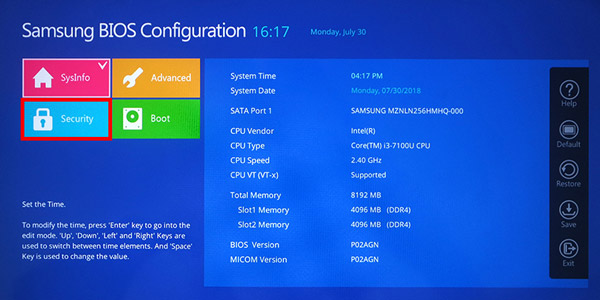 윈도우 업데이트 후 지문 인식이 안된다면 바이오스 화면 왼쪽에 시큐리티 항목 선택 화면