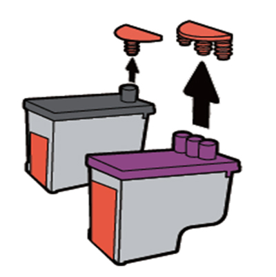 검정 잉크와 컬러 잉크 윗부분에 있는 마개를 제거하는 화면