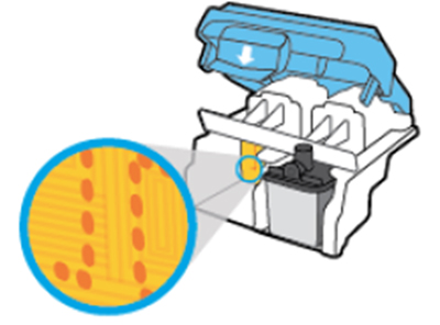 프린터 안쪽에 잉크 카트리지의 접촉면을 찾아, 마른 면봉 또는 보풀없는 천으로 접촉면을 한 방향으로 닦으세요