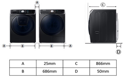 설치된 예시 전면드럼세탁기와 건조기사이간격A 25mm/세탁기가로B686mm/건조기가로B686mm/깊이C는866mm/전면D는50mm 표현된 제품이미지