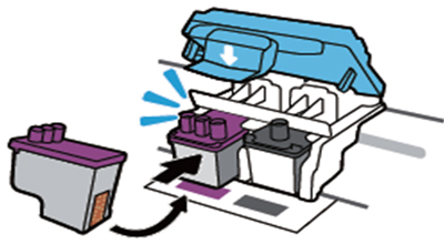 컬러 잉크 카트리지를 왼쪽에, 검정 잉크 카트리지를 오른쪽에 장착하는 예시 화면