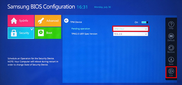 첫번째에 보이는 Pending operation의 오른쪽 값을 tpm clear로 변경후 저장하여 오른쪽 맨 하단의 exit 눌러 종료하는 화면
