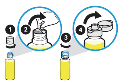 노란색 잉크통의 뚜껑을 열고 밀봉을 제거한 후 뚜껑을 닫는 예시 화면