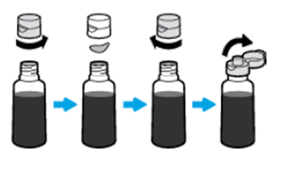 잉크통의 뚜껑을 열고 밀봉을 제거한 후 뚜껑을 다시 닫고 뚜껑 덮개를 여세요.