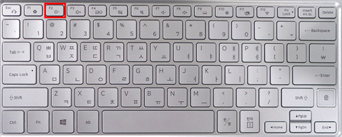 노트북 키보드 상단 왼쪽에 F2키를 누르는 화면