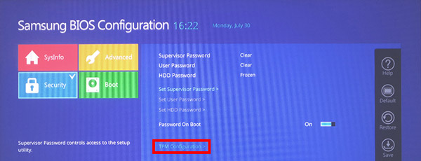 오른쪽 하단에 보이는 TPM Configuration 선택 화면