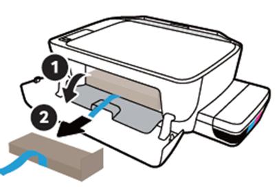 앞면의 잉크 카트리지쪽 덮개를 열어 추가로 테이프를 잡아당겨 보호재를 제거하는 화면