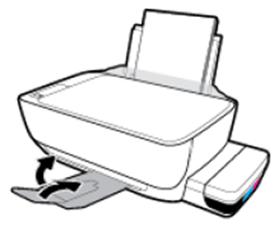 앞쪽 맨 아래에 출력용지함 확장대를 접어서 시계방향으로 밀어 넣는 예시 화면