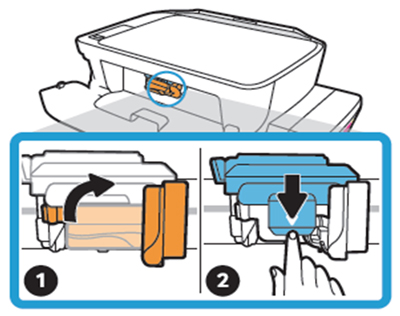 인쇄 키리지 상단의 주황색 핸들을 시계방향인 오른쪽으로 돌린 후 파란색 잠금장치를 아래로 누르는 화면