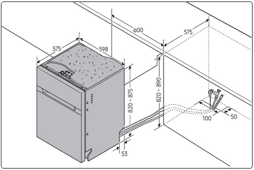 세프컬렉션 식기세척기(DW60M* 모델) 설치공간은 최소 가로 600 mm, 높이 820 mm, 깊이 575 mm 이상