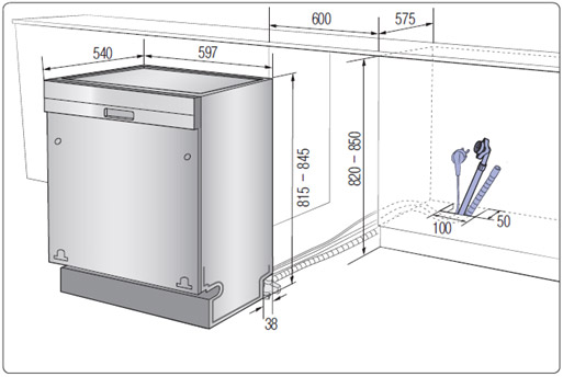 빌트인 식기세척기(DW60J* 모델) 설치 공간은 최소 가로 600 mm, 높이 820 mm, 깊이 575 mm 이상