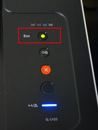 SL-C433 컬러 레이저 프린트 안 된다면 제품 eco 버튼 오른쪽에 초록색으로 켜져 있어 버튼 눌러 꺼주는 예시 이미지