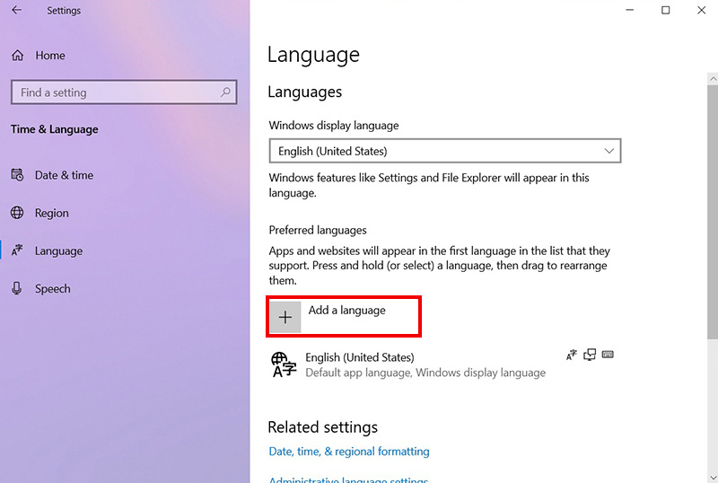 오른쪽 중간에 보이는 Add a language 선택 화면