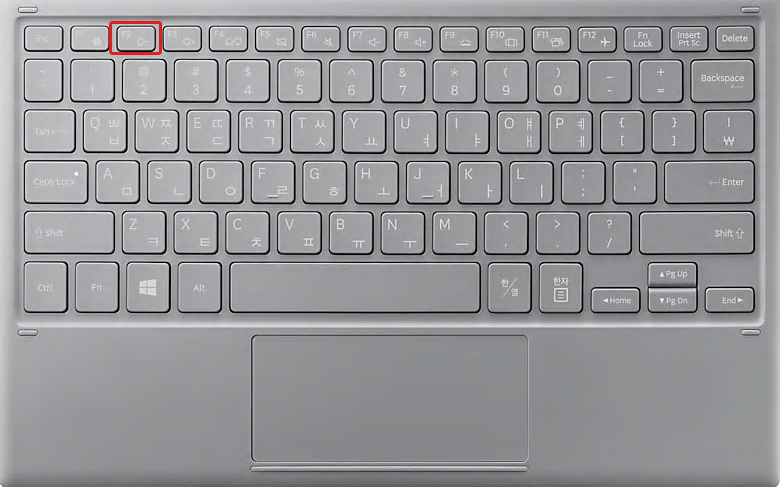 갤럭시북2(SM-W707, SM-W727, SM-W728, SM-W737) 제품 BIOS 바이오스 실행하기 위해 북 커버 키보드에서 왼쪽 상단의 F2키를 누르는 예시 화면