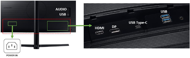 CH890 모니터 뒷면 덮개를 열면 오른쪽에 전원단자, HDMI, DP, USB Type-C, USB 단자가 순서대로 보이고 왼쪽에 AUDIO, USB가 보이는 예시 화면