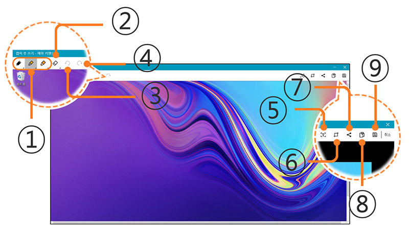 s펜이용해서 에어 커맨드 실행하여 캡처 후 쓰기 선택 후 상단에 아이콘별 1~9번까지 표시된 예시 화면