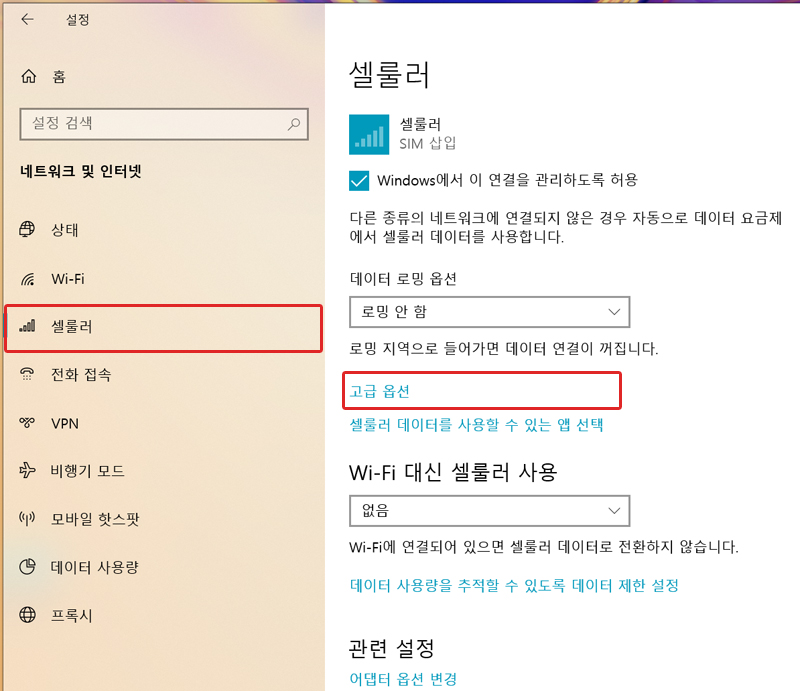 셀룰러 고급 옵션 선택