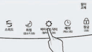 바이러스 닥터 운전 버튼을 3초 이상 눌러 필터 교체 알림을 해제하는 모습